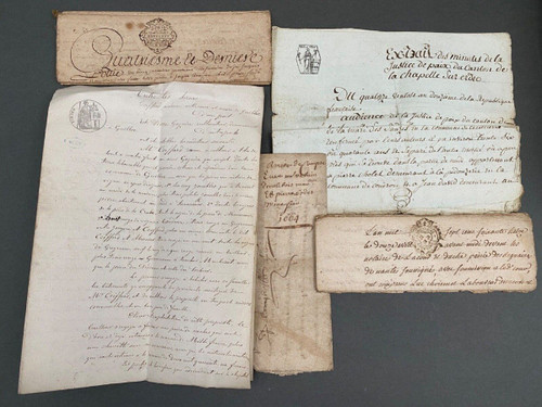 Important lot of early 19th century handwritten notarial deeds with stamps