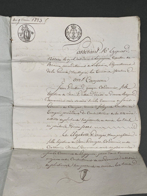 Important lot of early 19th century handwritten notarial deeds with stamps