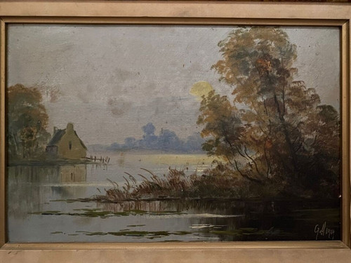 Oil on panel depicting a river, early 20th century 1914