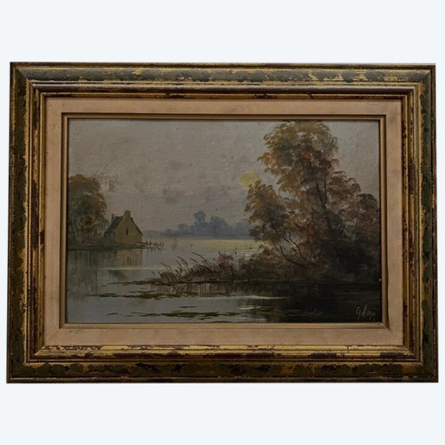 Oil on panel depicting a river, early 20th century 1914