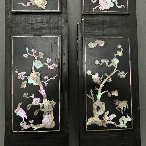 Pair of China panels in blackened wood inlaid with mother-of-pearl