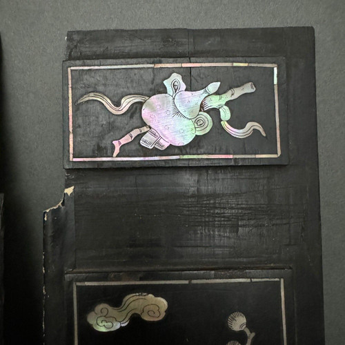 Pair of China panels in blackened wood inlaid with mother-of-pearl