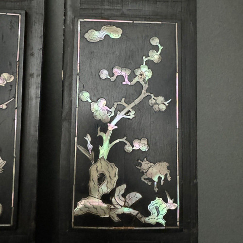 Pair of China panels in blackened wood inlaid with mother-of-pearl