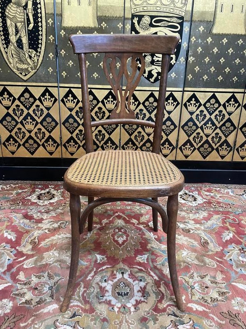 Set of 7 Baumann / Thonet / Fischel caned bistro chairs