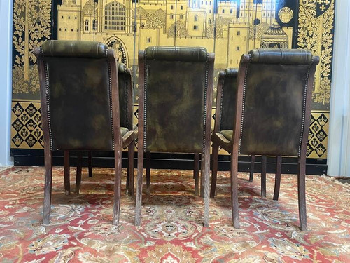 Set of 6 English Chesterfield leather chairs