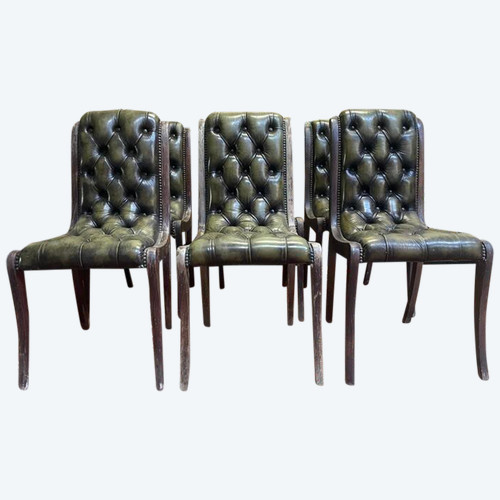 Set of 6 English Chesterfield leather chairs