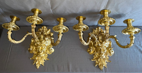 Pair of Gilded Bronze Wall Lights, Louis XIV Style, Mid-19th Century