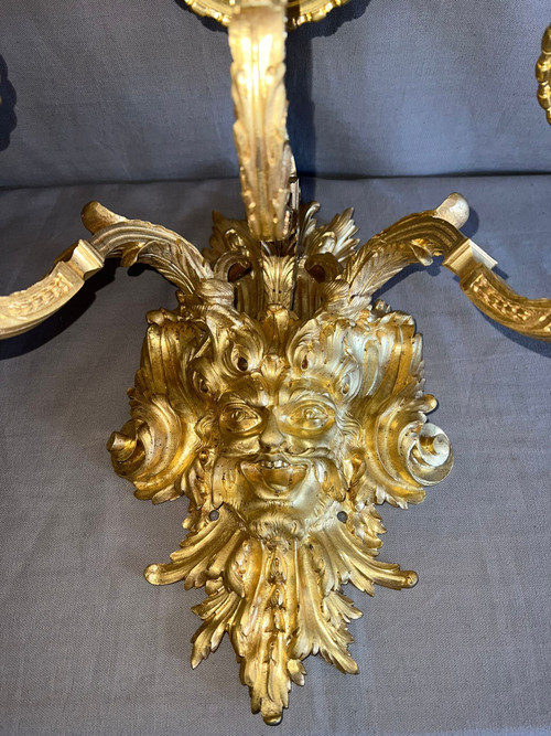 Pair of Gilded Bronze Wall Lights, Louis XIV Style, Mid-19th Century