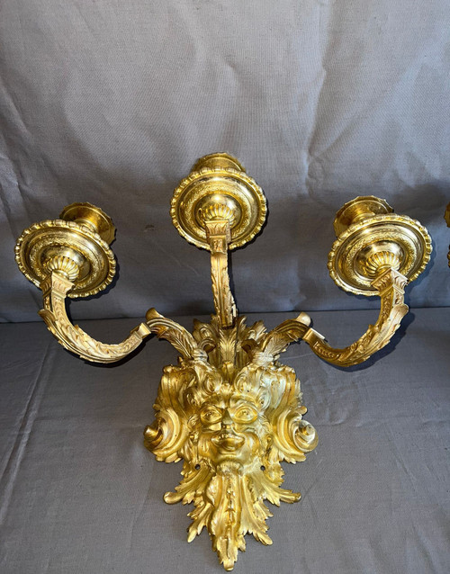 Pair of Gilded Bronze Wall Lights, Louis XIV Style, Mid-19th Century