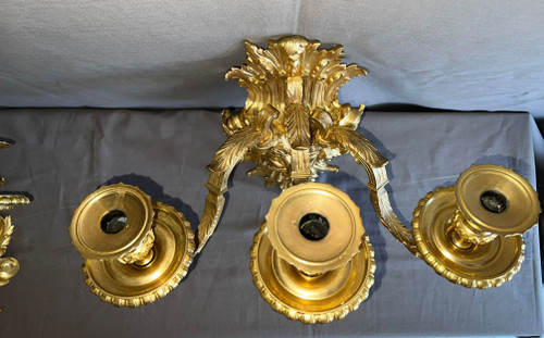 Pair of Gilded Bronze Wall Lights, Louis XIV Style, Mid-19th Century