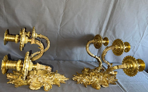 Pair of Gilded Bronze Wall Lights, Louis XIV Style, Mid-19th Century