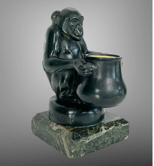 MAX LE VERRIER ( 1891-1973 ) MONKEY PENCIL HOLDER SIGNED IN METAL WITH GREEN PATINA