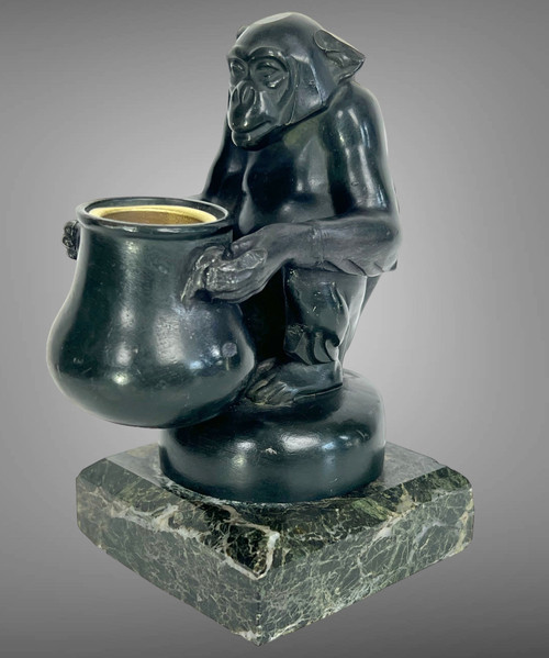 MAX LE VERRIER ( 1891-1973 ) MONKEY PENCIL HOLDER SIGNED IN METAL WITH GREEN PATINA