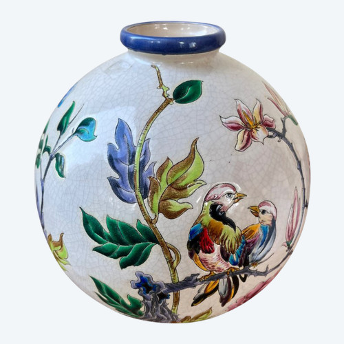 Vaso in smalto Longwy - Fiori e uccelli su rami - Dopo il 1940