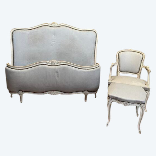 Louis XV style basket bed and its painted Louis XV armchair