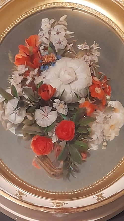 Rare Tableau bouquet de fleurs  par un plumassier 19e siecle