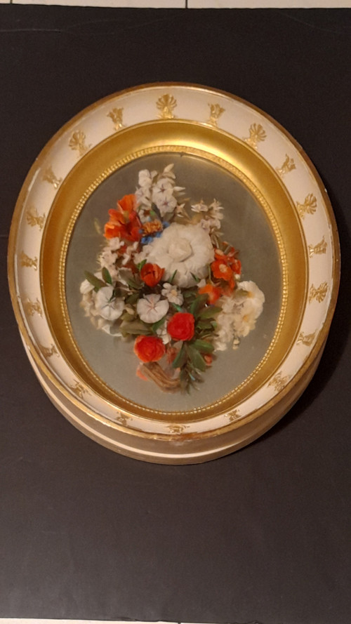 Rare Tableau bouquet de fleurs  par un plumassier 19e siecle