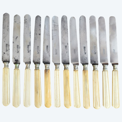 12 knives with steel blades and ivory handles, 19th century