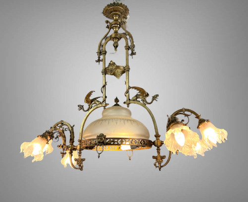 LARGE 8-LIGHT BRONZE CHANDELIER WITH DRAGON DECOR WITH ORIGINAL GLASSWARE