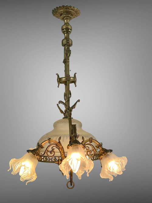 LARGE 8-LIGHT BRONZE CHANDELIER WITH DRAGON DECOR WITH ORIGINAL GLASSWARE