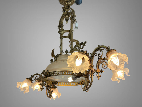 LARGE 8-LIGHT BRONZE CHANDELIER WITH DRAGON DECOR WITH ORIGINAL GLASSWARE