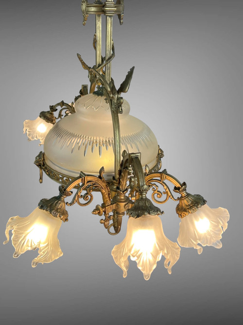 LARGE 8-LIGHT BRONZE CHANDELIER WITH DRAGON DECOR WITH ORIGINAL GLASSWARE