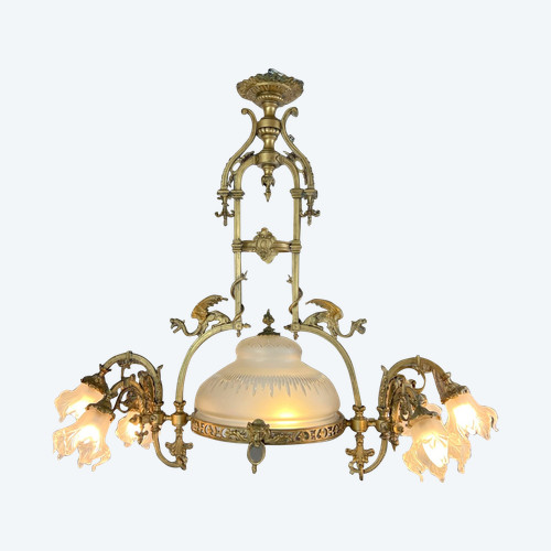 LARGE 8-LIGHT BRONZE CHANDELIER WITH DRAGON DECOR WITH ORIGINAL GLASSWARE