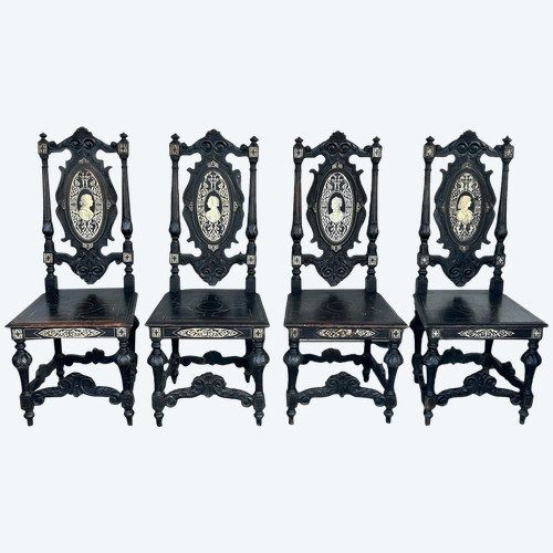 Four Italian Chairs In Ebonized Wood And Bone Inlay Attributed To Ferdinando Pogliani