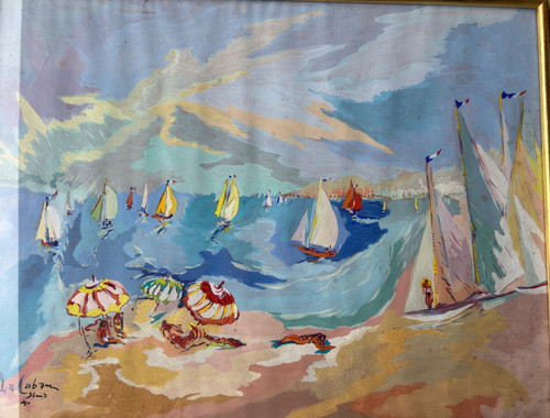 Louis André Cabane (xxéme) Huile Sur Papier - Scène De Plage Vers 1930