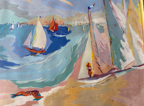 Louis André Cabane (xxéme) Huile Sur Papier - Scène De Plage Vers 1930