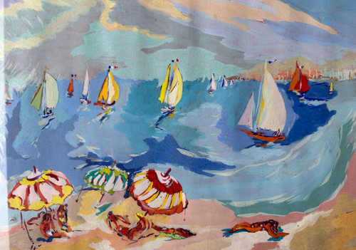 Louis André Cabane (xxéme) Huile Sur Papier - Scène De Plage Vers 1930