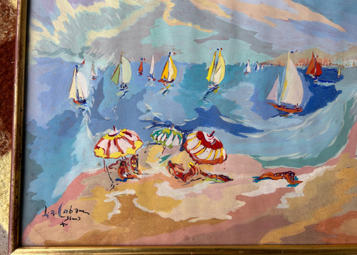 Louis André Cabane (xxéme) Huile Sur Papier - Scène De Plage Vers 1930