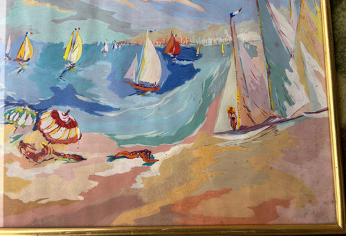 Louis André Cabane (xxéme) Huile Sur Papier - Scène De Plage Vers 1930