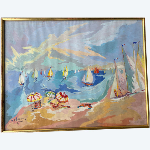 Louis André Cabane (xxéme) Huile Sur Papier - Scène De Plage Vers 1930