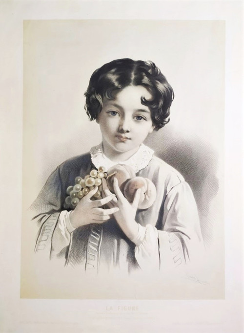 Portrait Of A Boy Or Allegory Of Autumn By Emile Lassalle 19th Century Lithograph Old Print