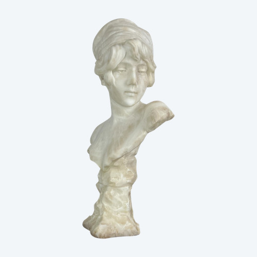 LARGE BUST OF A YOUNG GIRL SIGNED AND NUMBERED "GEORGES MORIN" IN ALABASTER