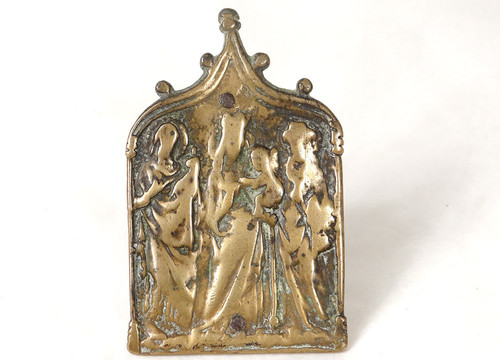 Plaque Bas-relief Baiser Paix Osculatoire Bronze Vierge Enfant Jésus 15th century