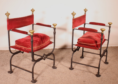 Pair Of Wrought Iron And Bronze Curule Armchairs