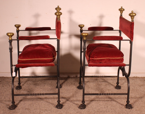 Pair Of Wrought Iron And Bronze Curule Armchairs