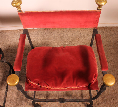 Pair Of Wrought Iron And Bronze Curule Armchairs