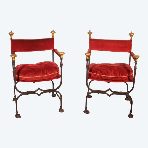 Pair Of Wrought Iron And Bronze Curule Armchairs