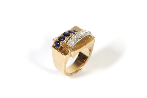 Panzerring Saphir-Diamanten in 18k Gold, Saphire und Diamanten, Retro-Ring, Panzerschmuck, alter Schmuck