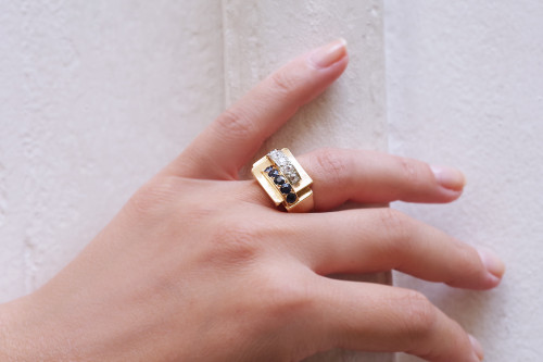 Panzerring Saphir-Diamanten in 18k Gold, Saphire und Diamanten, Retro-Ring, Panzerschmuck, alter Schmuck