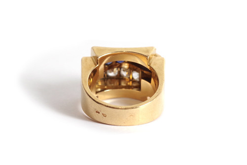 Panzerring Saphir-Diamanten in 18k Gold, Saphire und Diamanten, Retro-Ring, Panzerschmuck, alter Schmuck