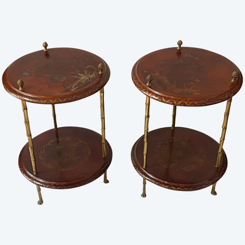 1970′ Coppia di guerrieri stile Maison Baguès Decor Bambou Bronze Doré Avec Plateaux Laque de Chine