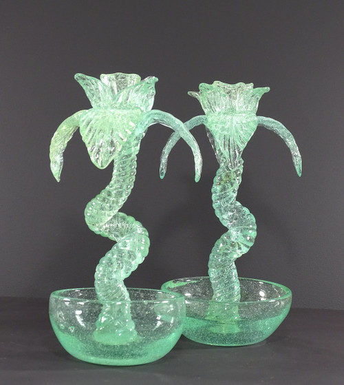 Biot (alpes-maritimes), Années 1960/1970, Paire De Bougeoirs En Verre Soufflé "Palmiers".