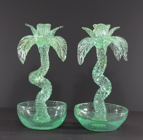 Biot (alpes-maritimes), Années 1960/1970, Paire De Bougeoirs En Verre Soufflé "Palmiers".