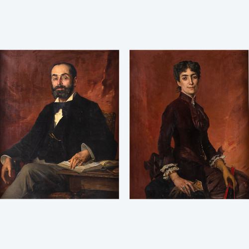 Edmond Louis Dupain - Portraits of Mr and Mrs Bellemer oil on canvas circa 1884