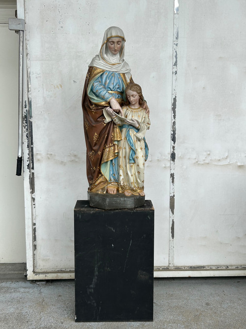 St. Anne Die Erziehung Der Jungfrau Maria - Große Skulptur Aus Terrakotta Polychrom H 120