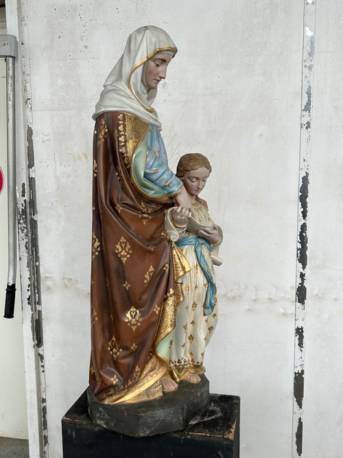 St. Anne Die Erziehung Der Jungfrau Maria - Große Skulptur Aus Terrakotta Polychrom H 120